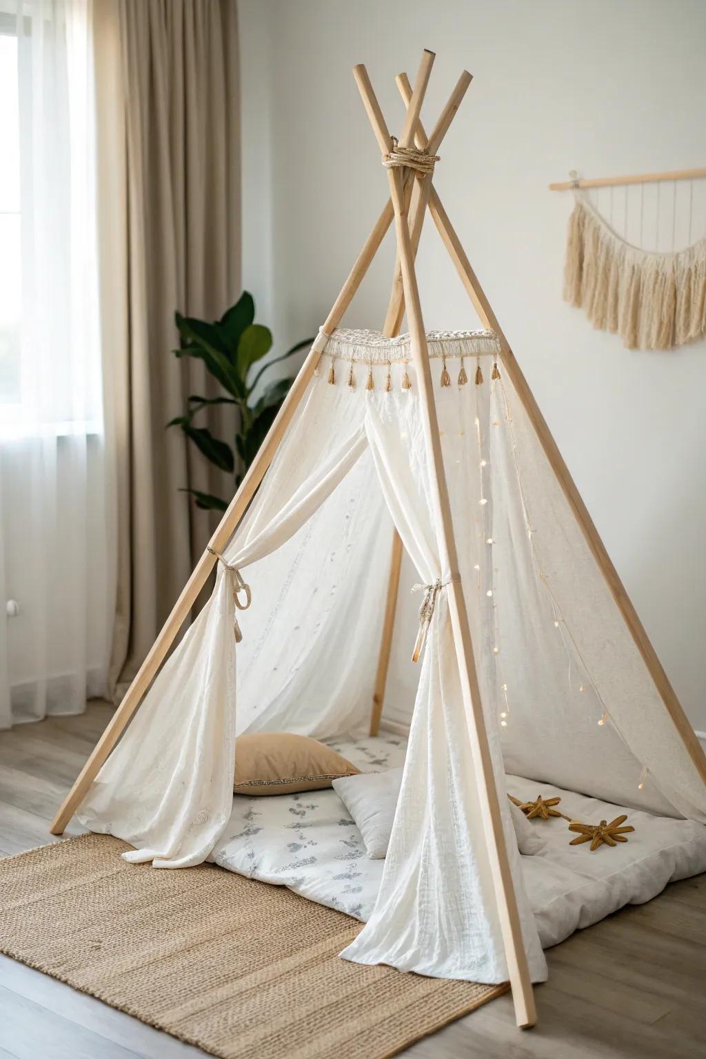 Establish your personal tranquil retreat with a straightforward wooden stick cone tent, where minimalist layout meets bohemian allure.