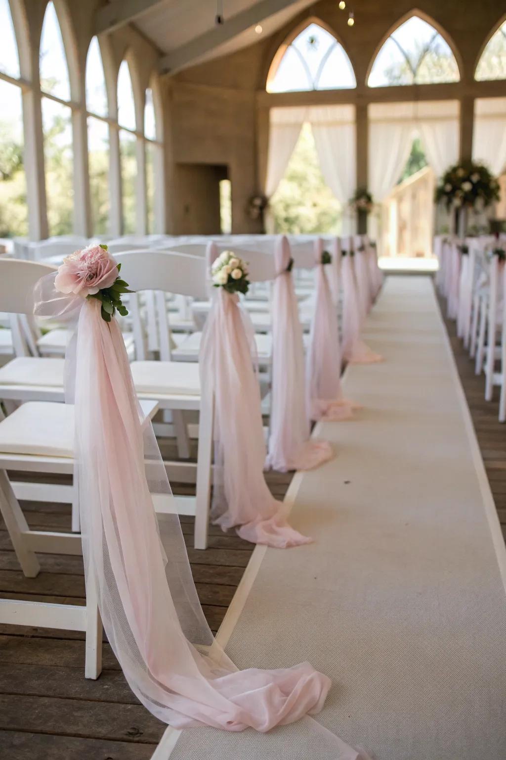 Refined fabric hangings contribute a subtle, romantic quality to your aisle.