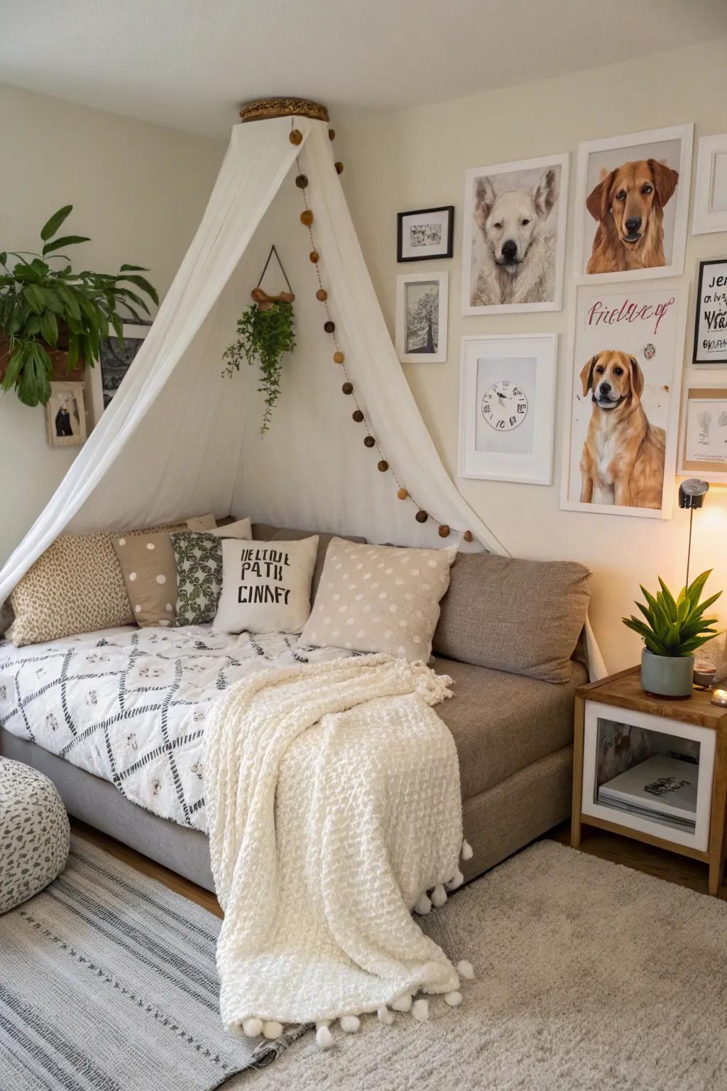 A charming dog-centric corner showcasing themed art and a deluxe mattress to forge a welcoming area.