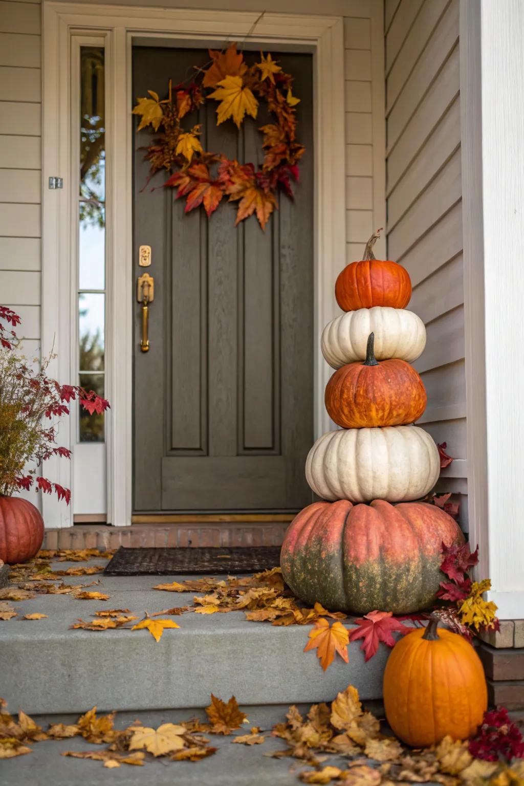 Gourd obelisks introduce festive charm to the doorway.