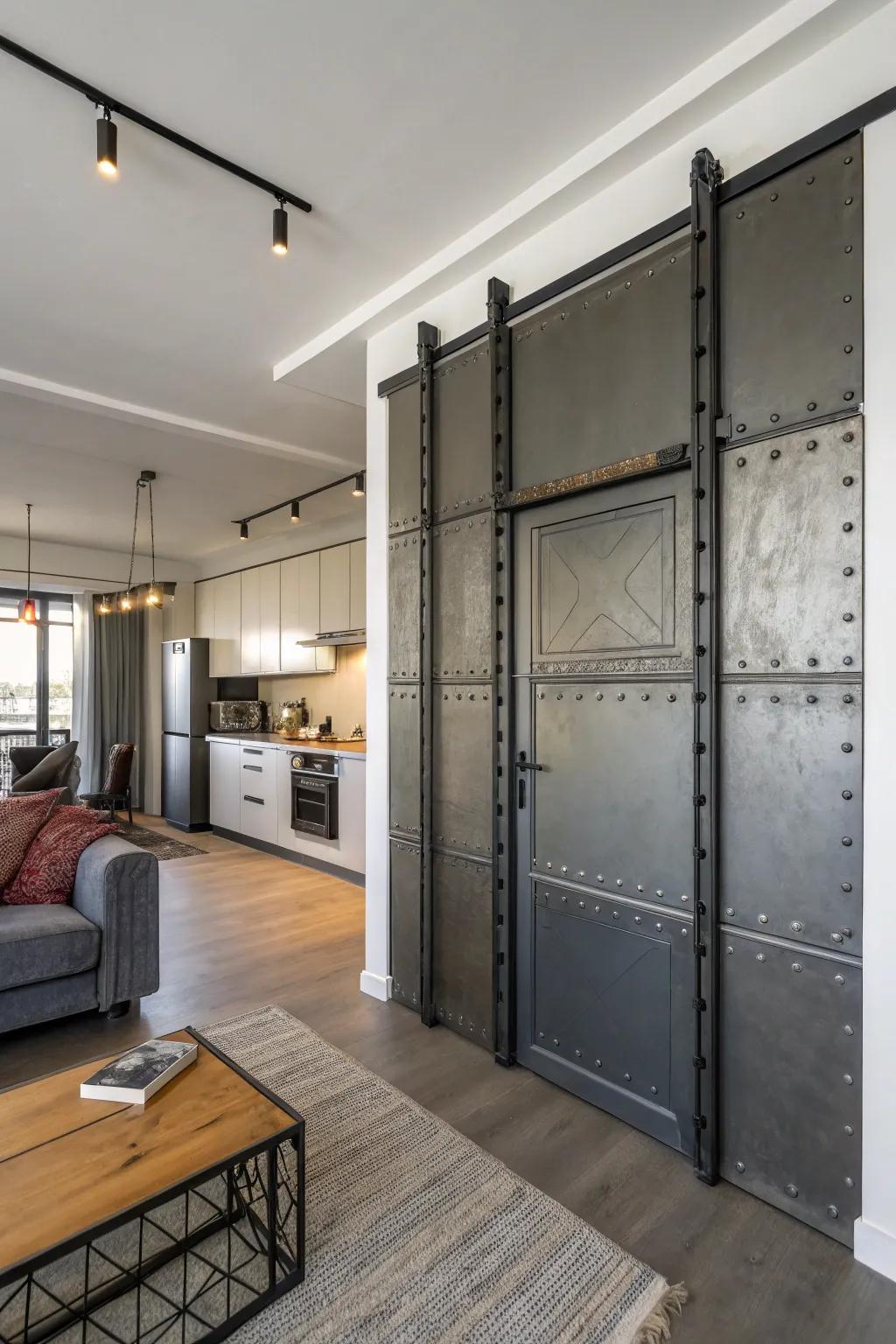 Industrial metal doors inject character and definition into this stylish studio apartment.