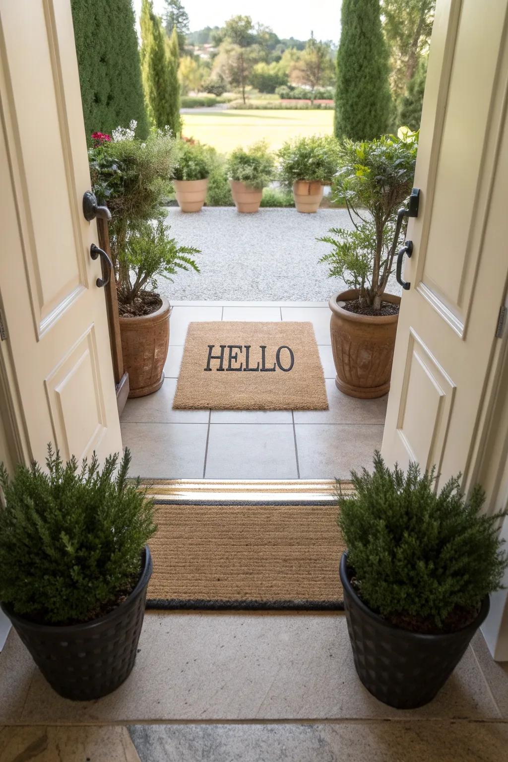Welcoming words on a doormat make a friendly first impression