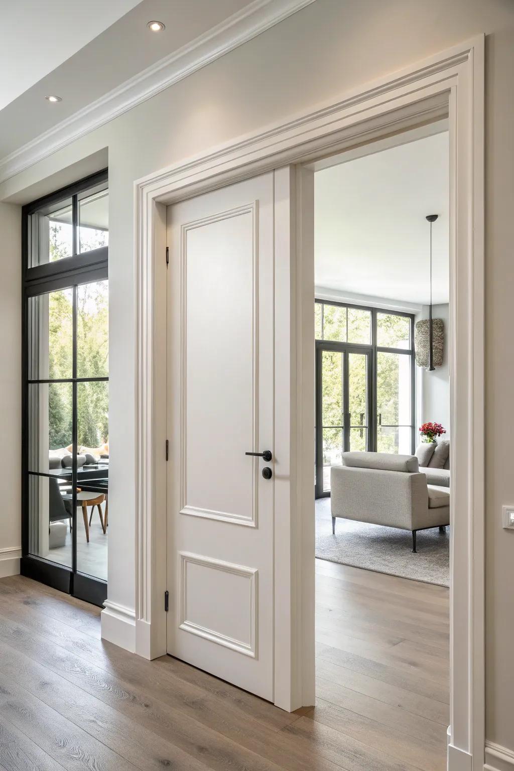 Sleek and simple, understated door trim enhances this contemporary home.