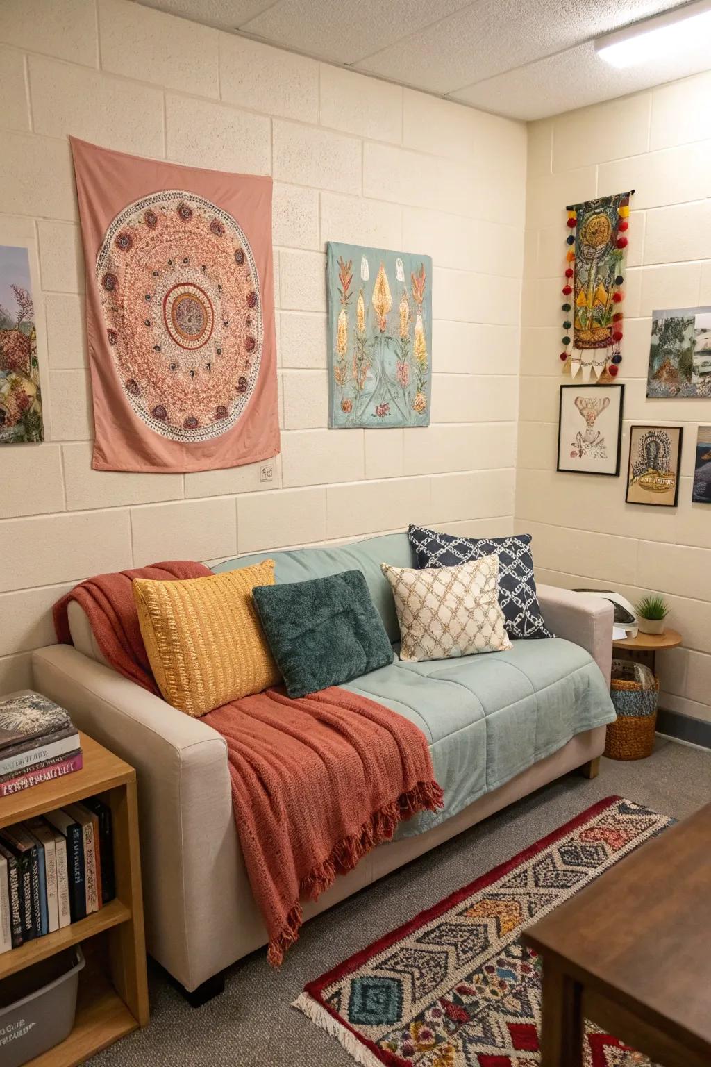 A sofa with matching colors enhancing the harmony of this dorm room.