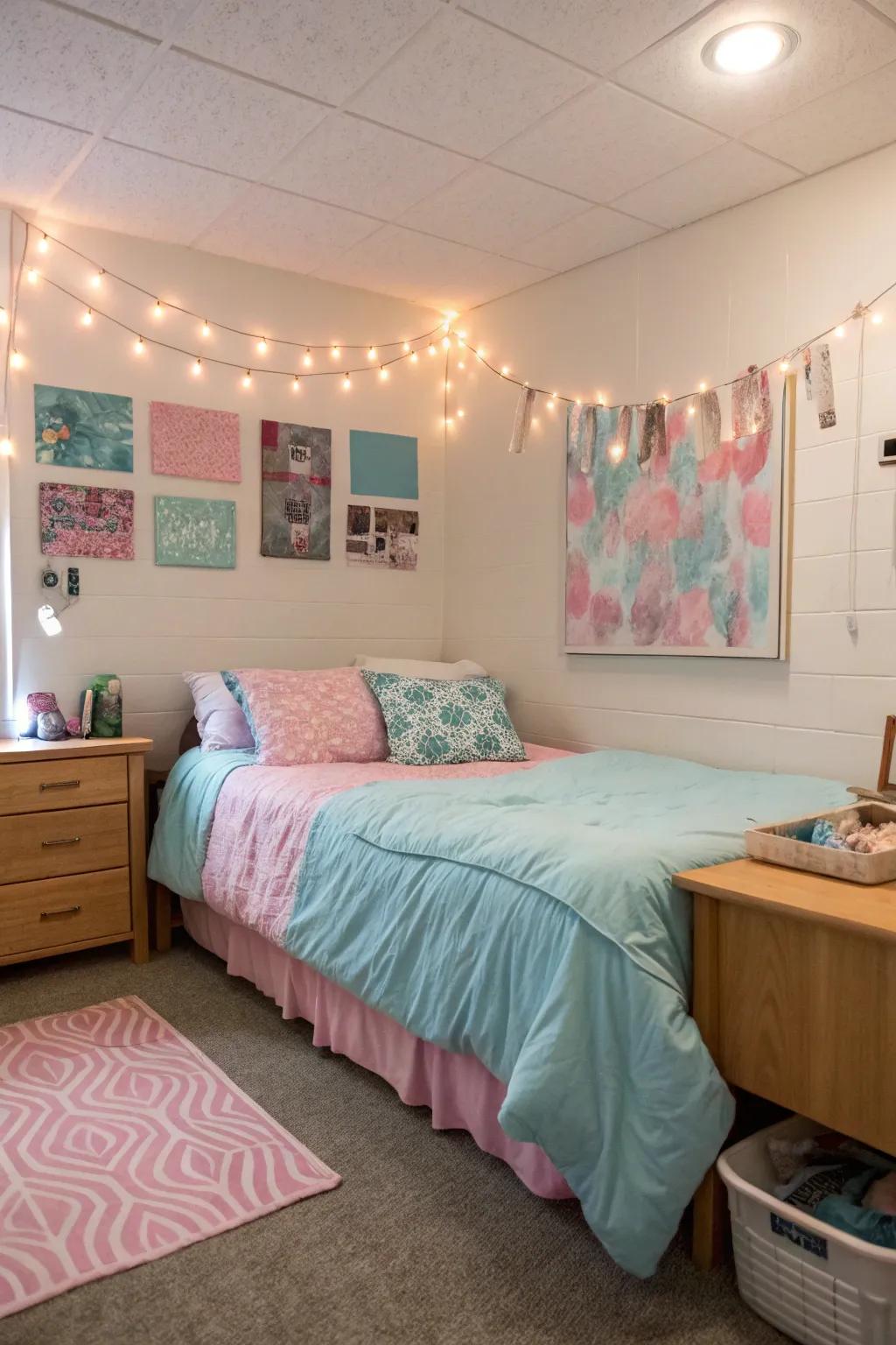 Pastels blend seamlessly to craft an ethereal and calming dorm room atmosphere.