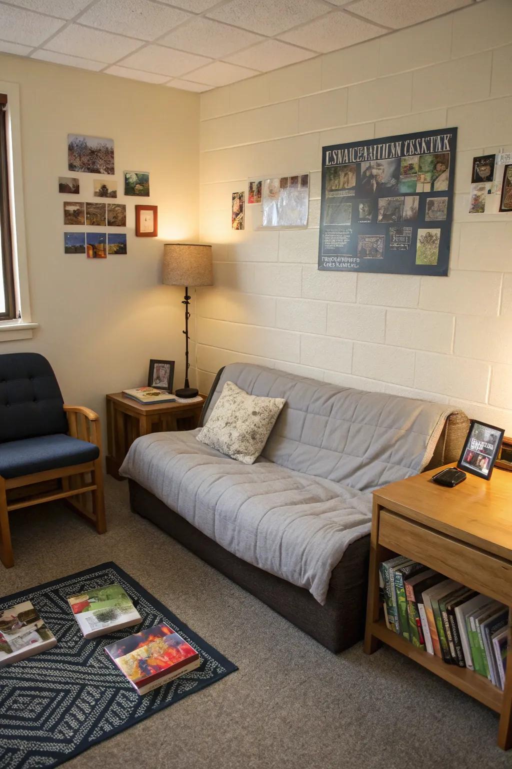 A cozy lounging area in a dorm room, ideal for relaxation and socializing.