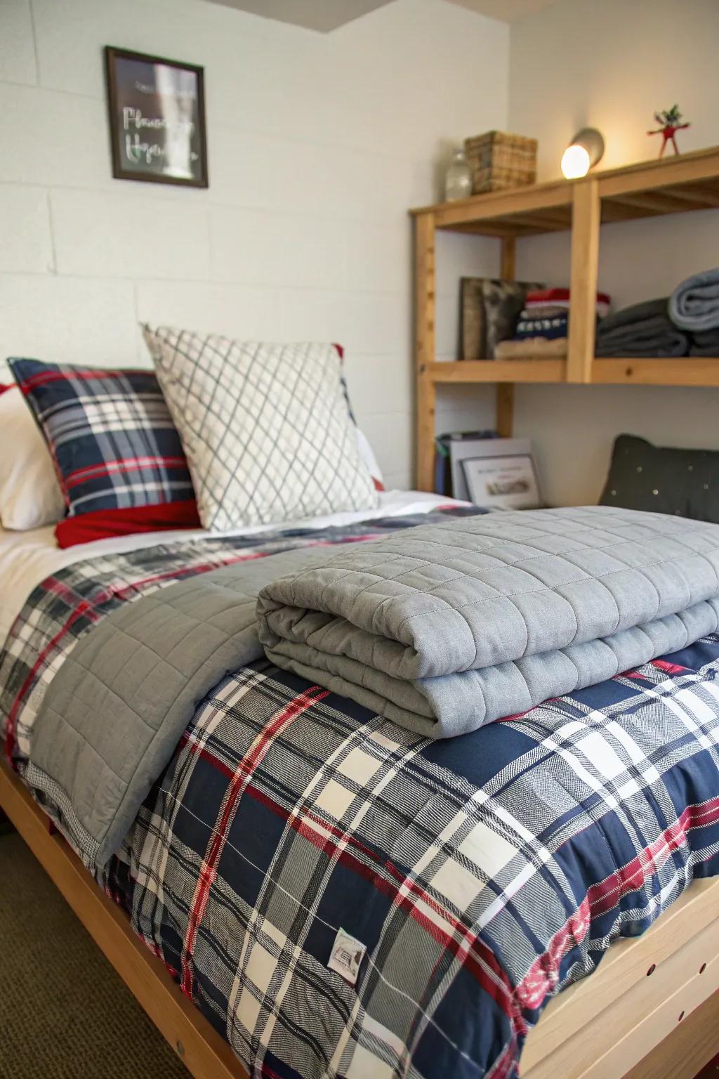 Layered bedding makes your dorm room comfy and stylish.