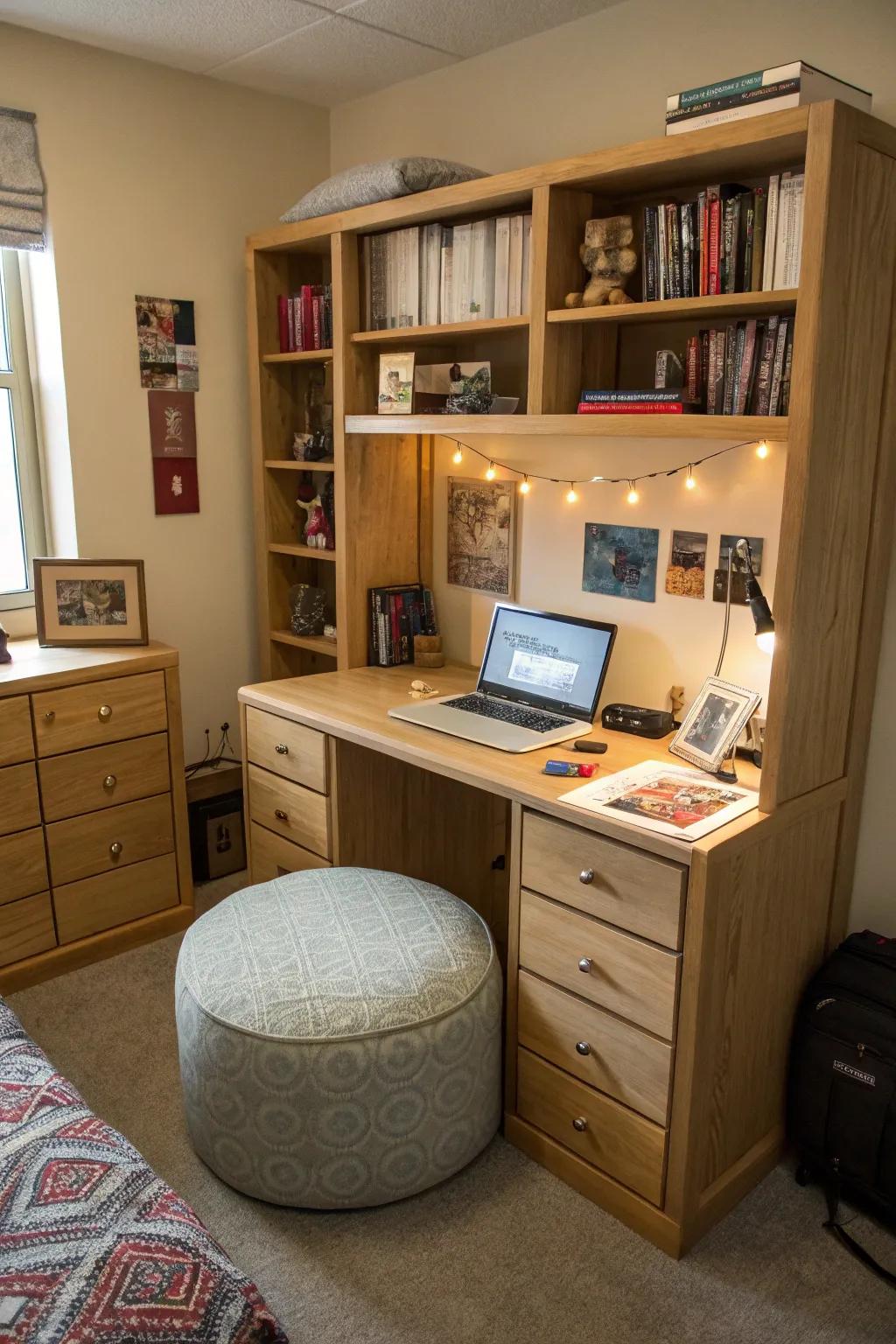 Multi-functional furniture is a must for efficient dorm room design.