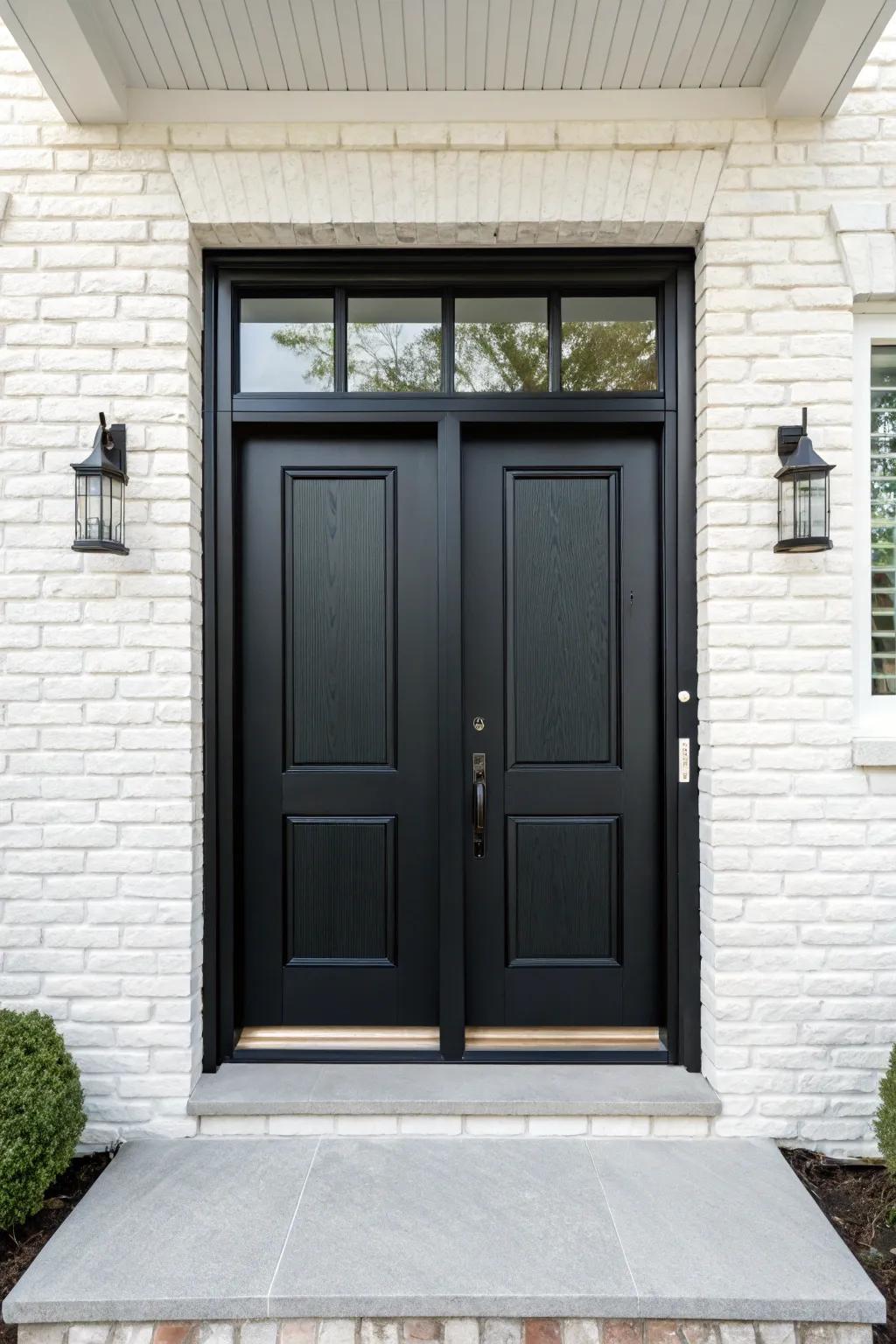 Striking ebony doors that stand out wonderfully against a white background.