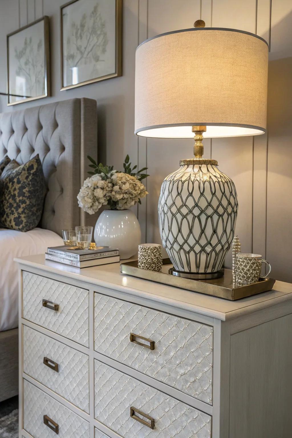 A ceramic lamp enhances the dresser with artistic flair.