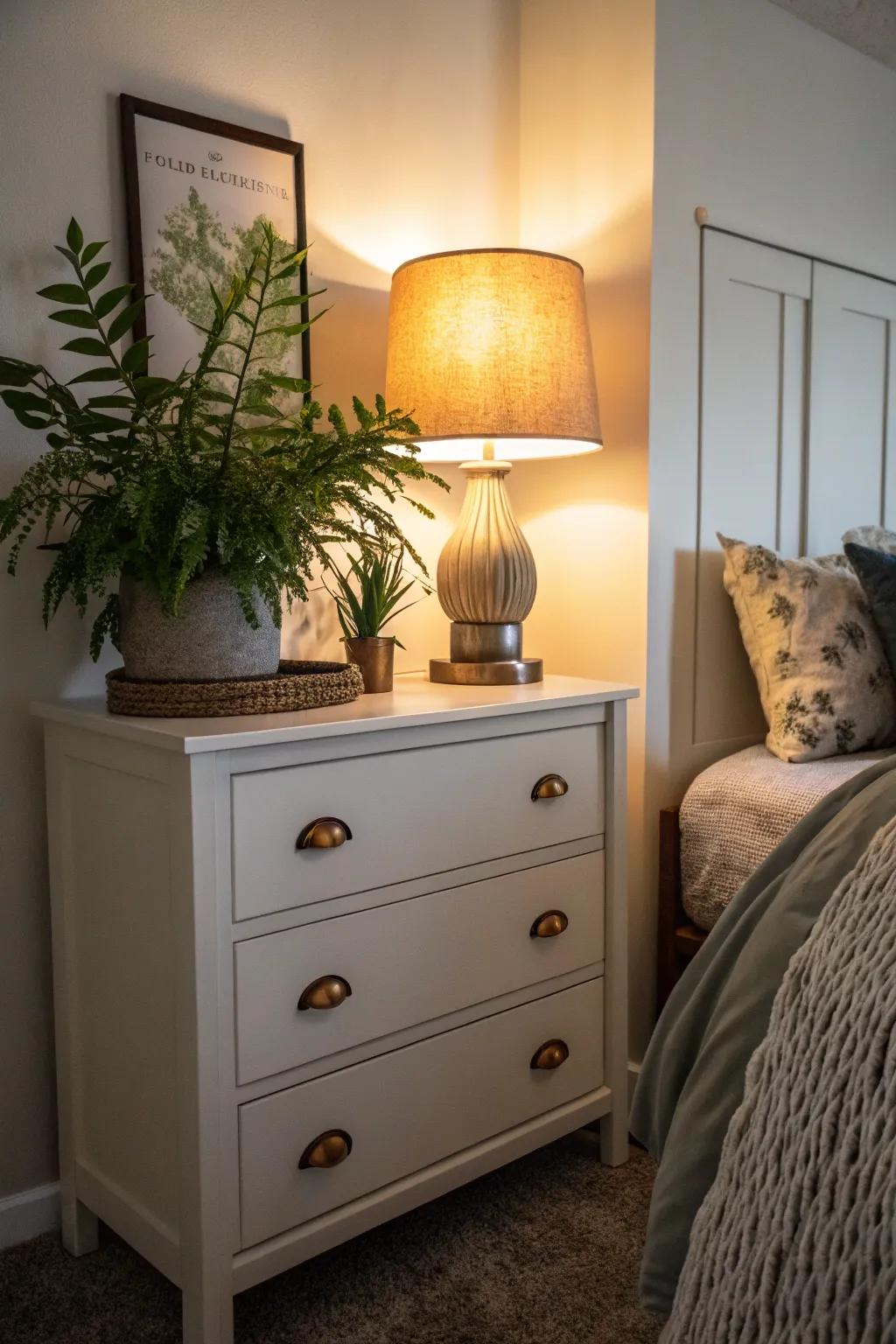 A petite dresser adorned with a lamp and plant, boosting both practicality and style.