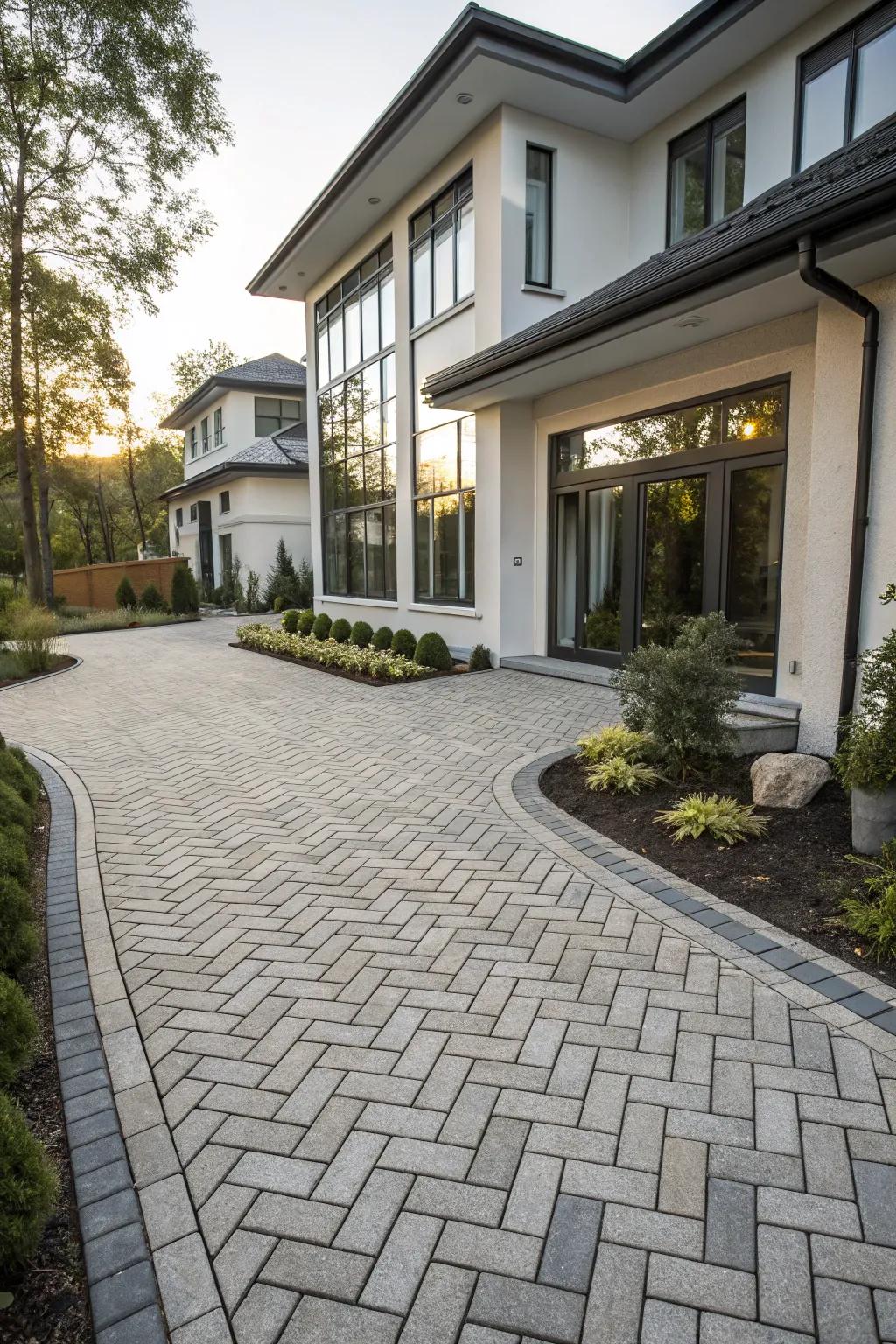 Elaborate paver designs contribute elegance to this driveway.