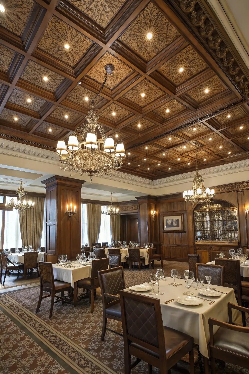 Refined design with panels forming a coffered ceiling.