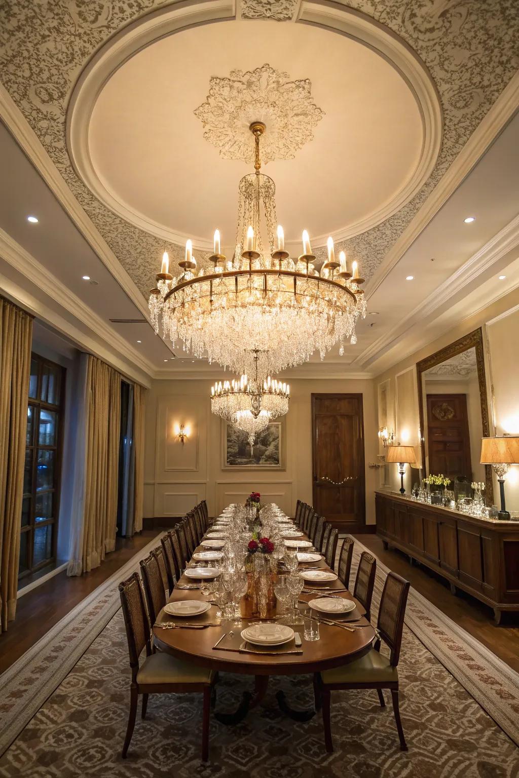 A statement chandelier elevates this dining area.