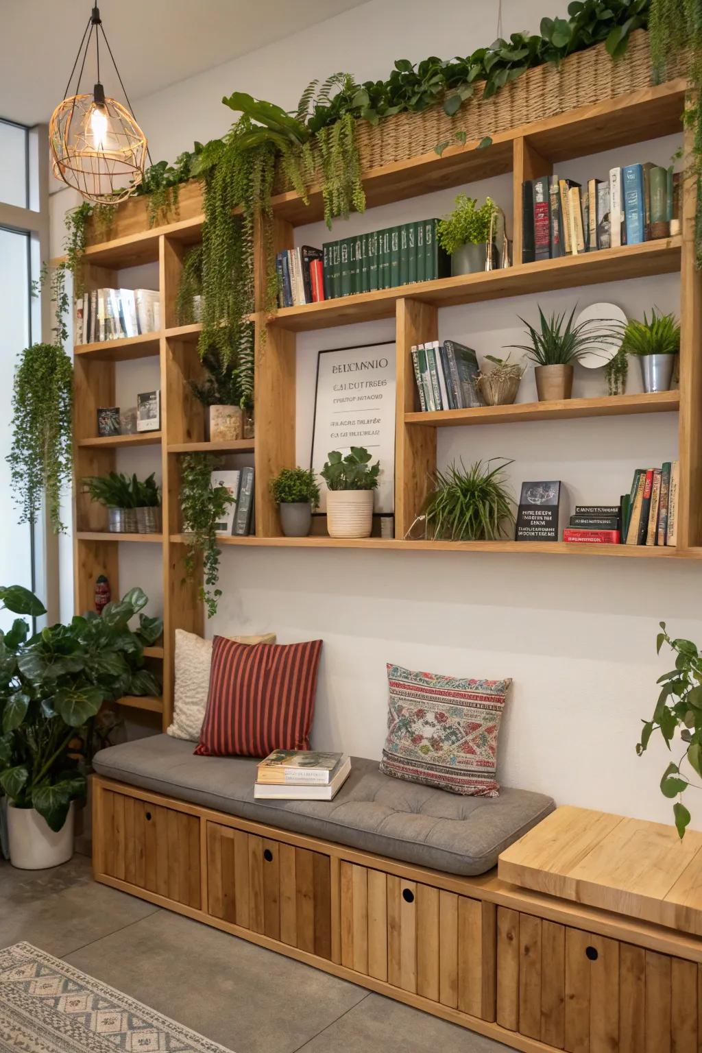 Shelves offer stylish options for storage and display.