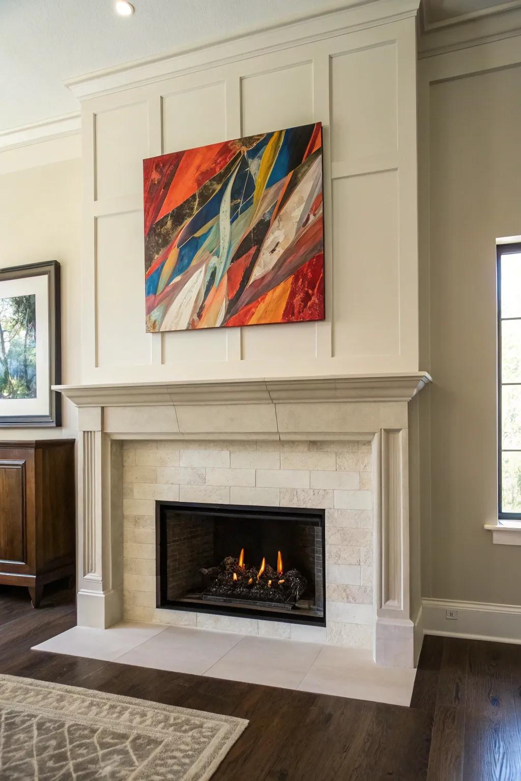 Artwork positioned above a plasterboard hearth forms a striking focal point.