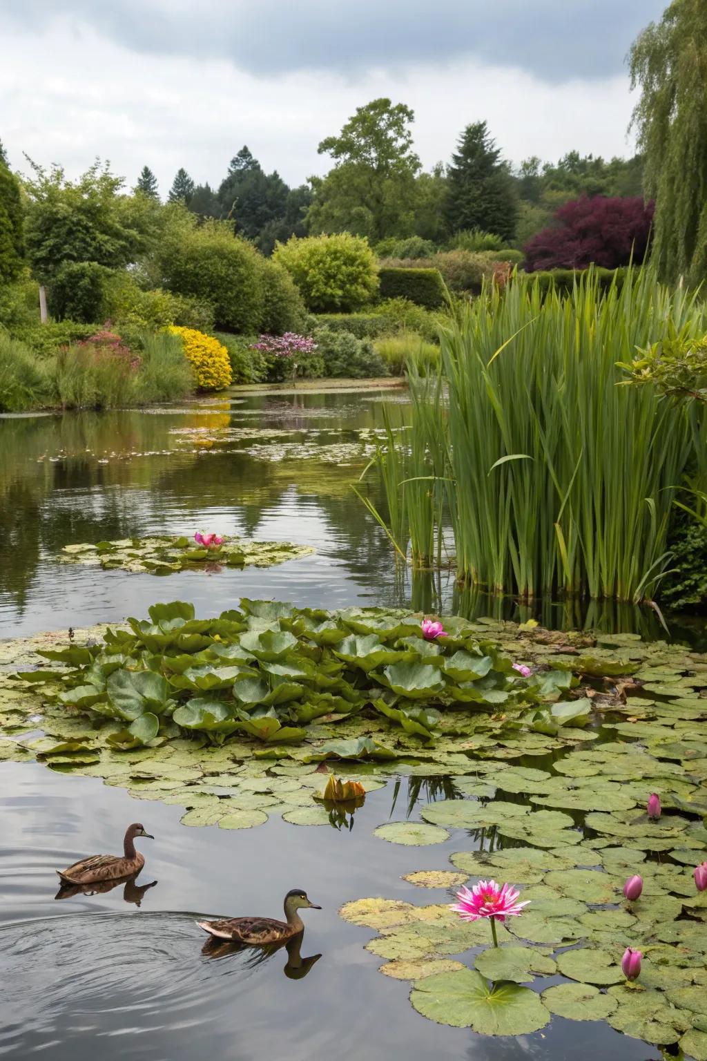 Lush water plants foster a lively habitat ideal for ducks.