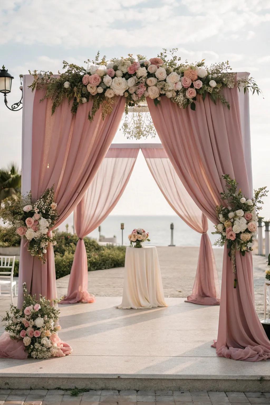 Passionate backdrop using misty rose textiles.