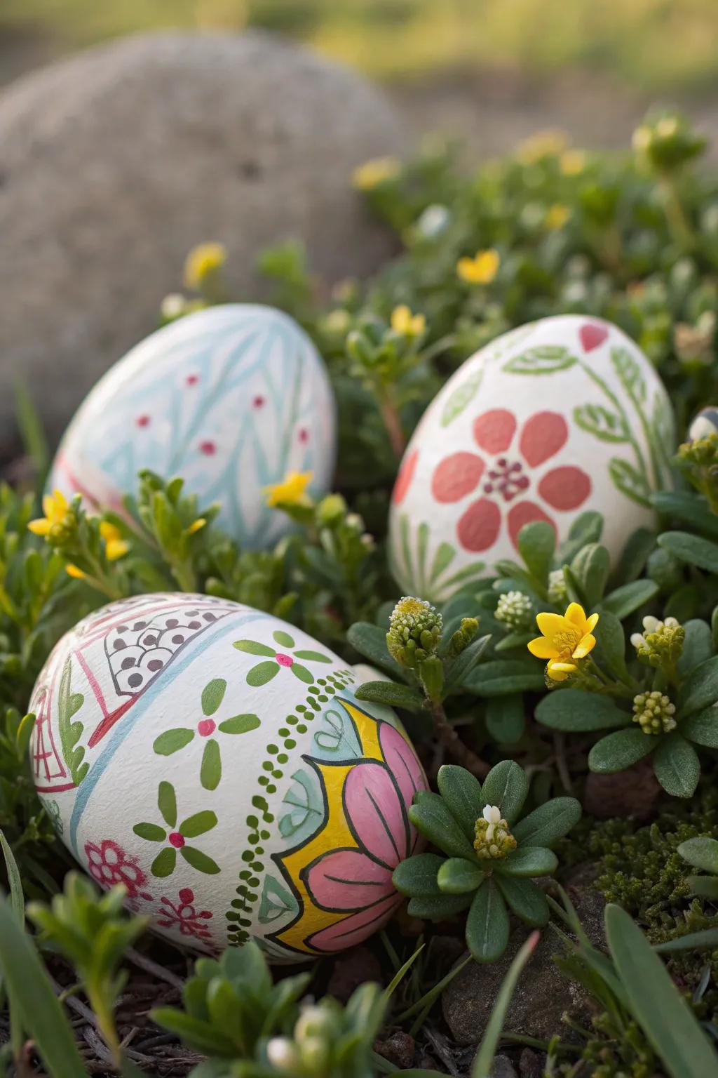 A stunning display of decorated Easter eggs with a touch of nature.