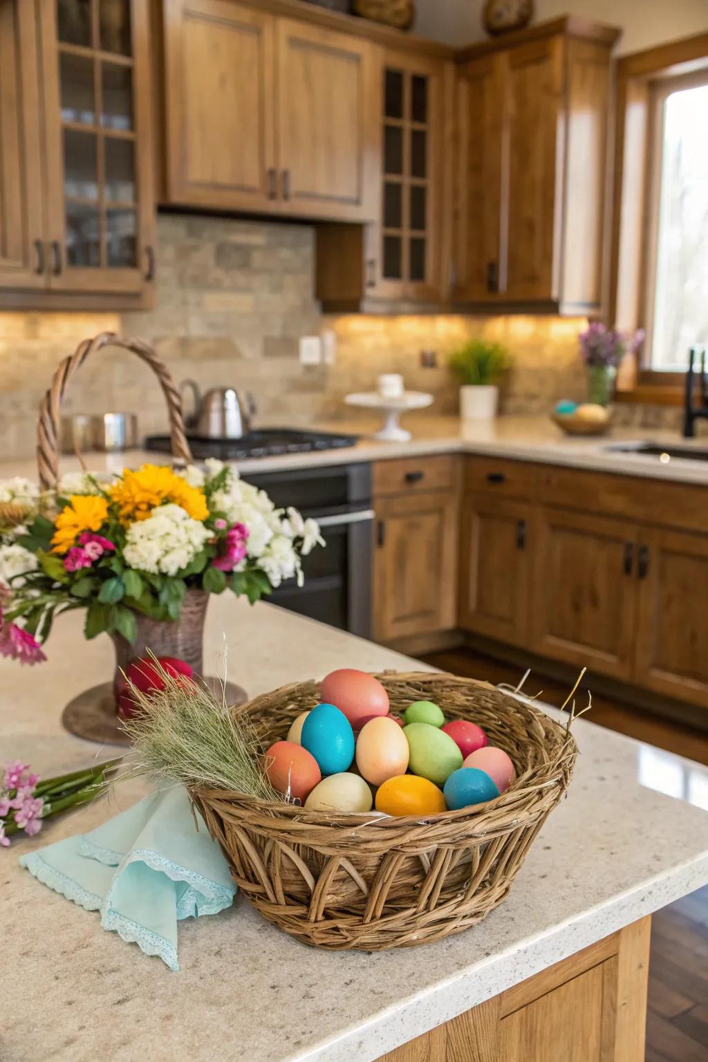 A vibrant display of kaleidoscopic Easter ovum sits on the kitchen island.