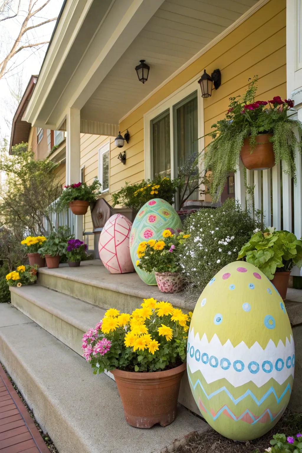 Ornamental eggs introduce a burst of color and playfulness to your porch.