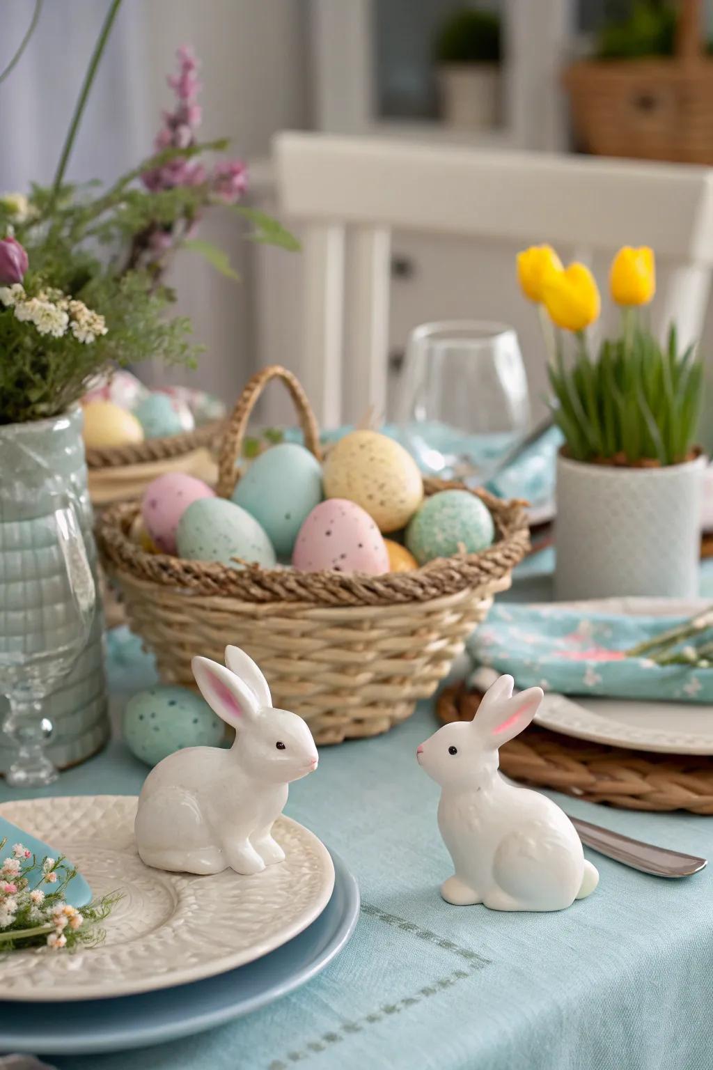 Hare figurines impart a playful allure to the Easter ornamentation.