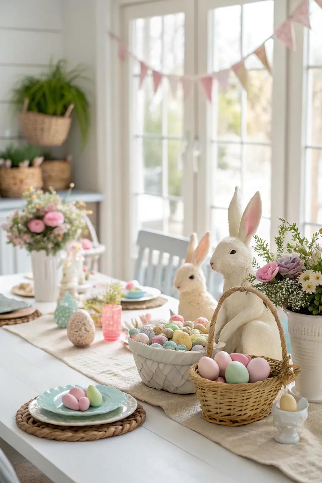 Whimsical bunny figurines add playful charm.