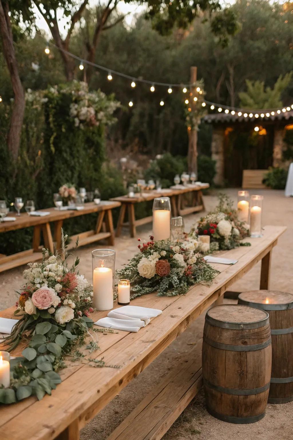 Rustic wedding decorations displaying wooden tables and organic materials.