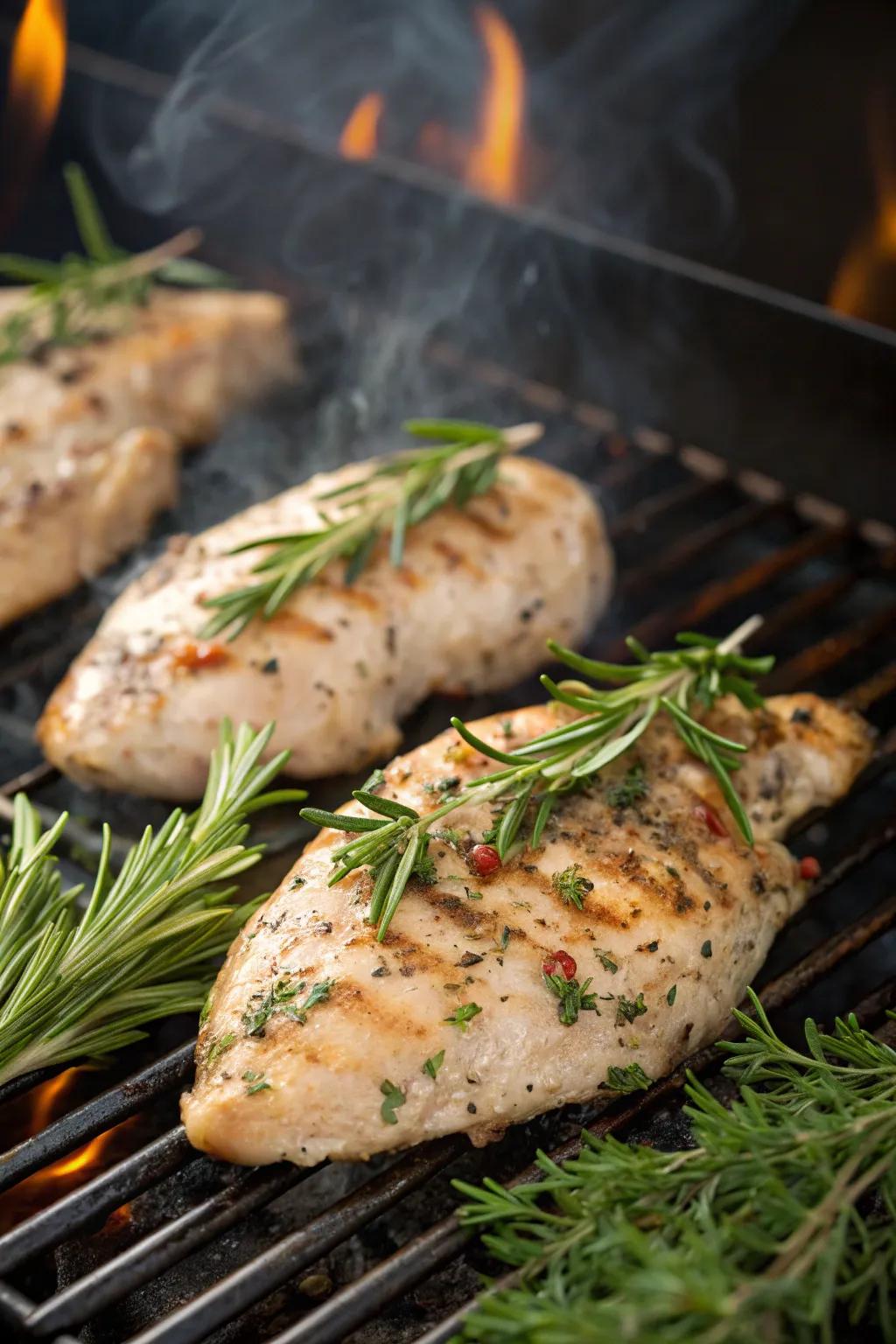 Juicy herb-infused chicken sizzling on the grill.