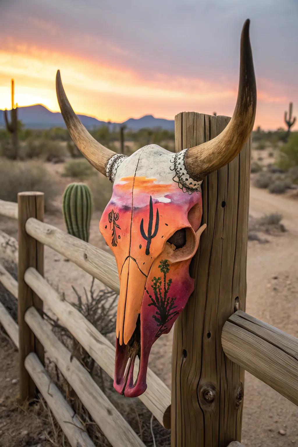 Desert sceneries transform bovine skulls into rustic pieces of art.