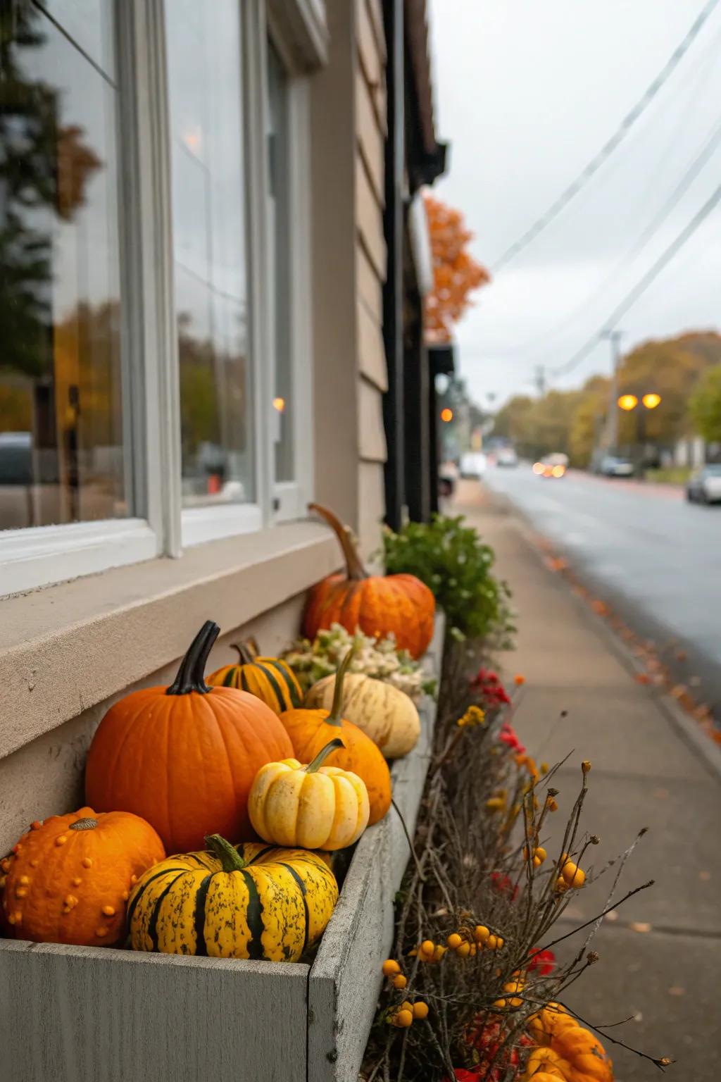 Miniature squashes bring a playful accent to fall window boxes.
