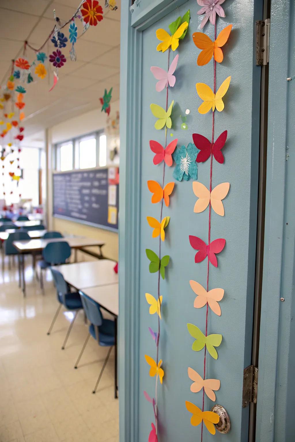 A classroom entrance is enveloped in a cascade of vibrant winged wonders, celebrating the dawn of spring.