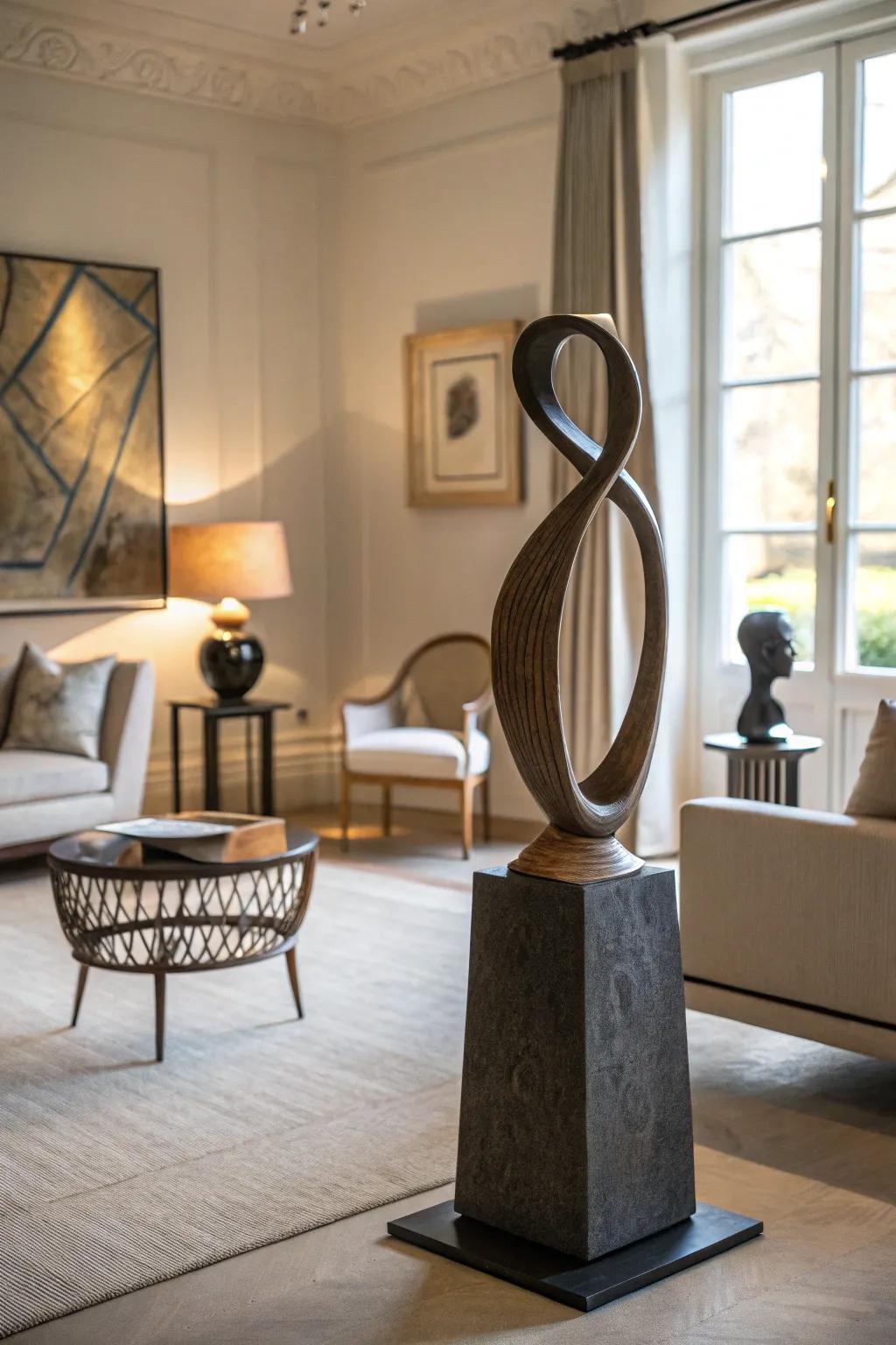 An abstract sculpture injecting personality into the living area.
