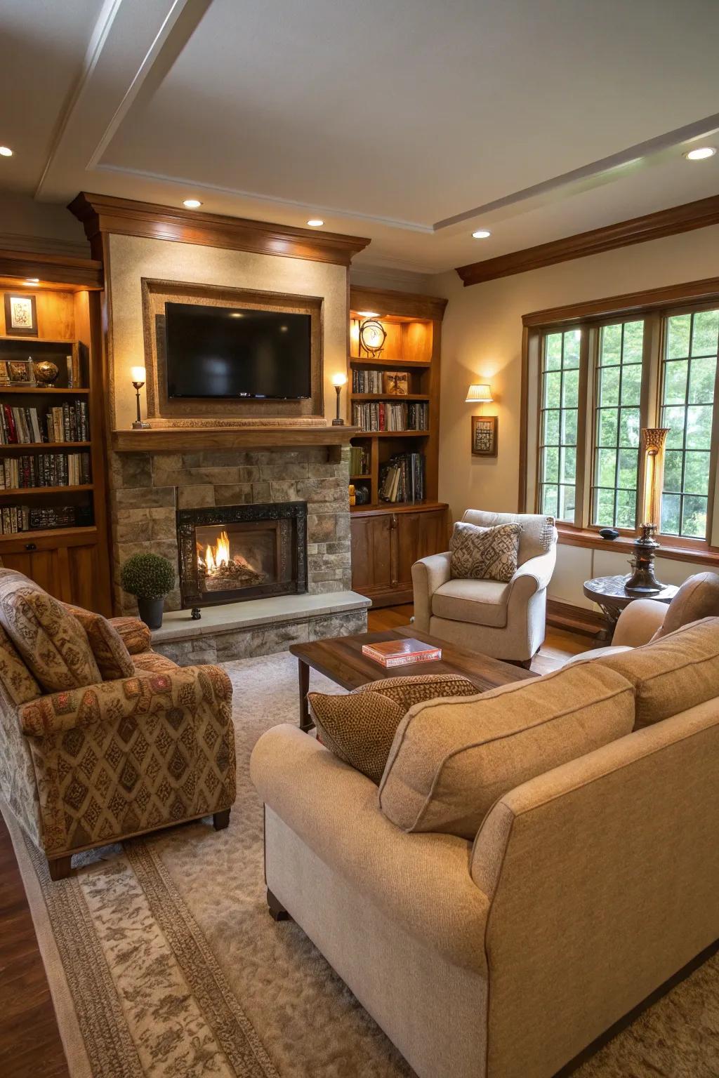 Construct a cozy seating space around your hearth and TV for supreme relaxation.