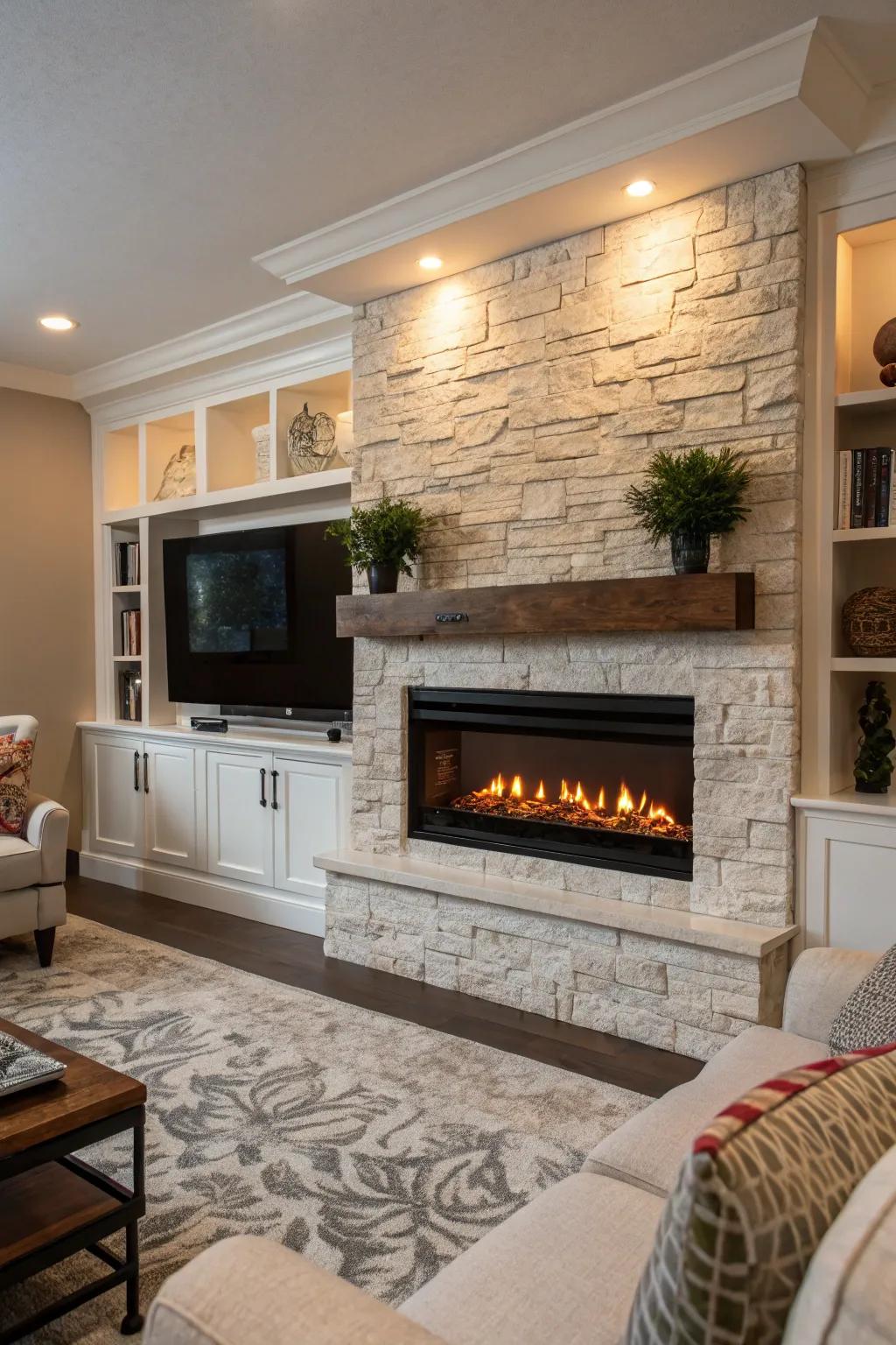 A living area boasting an integrated electric fireplace flawlessly incorporated within the wall.