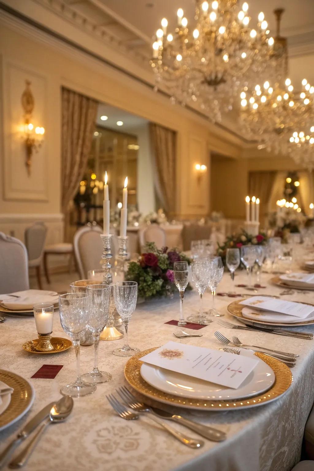 Formal table setting with fine china and glassware.