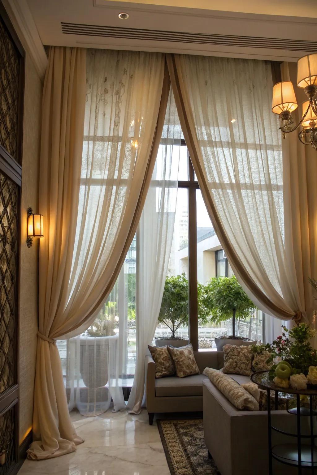 Layered curtains yield visual depth and a sense of luxury.