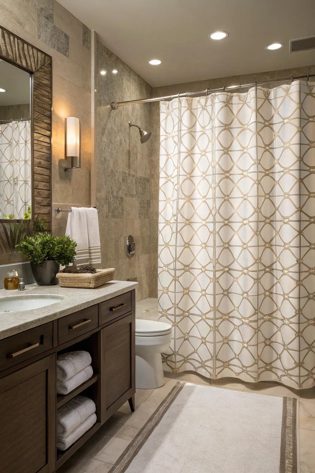 A bathroom with a shower curtain showcasing subtle geometric patterns for added elegance.