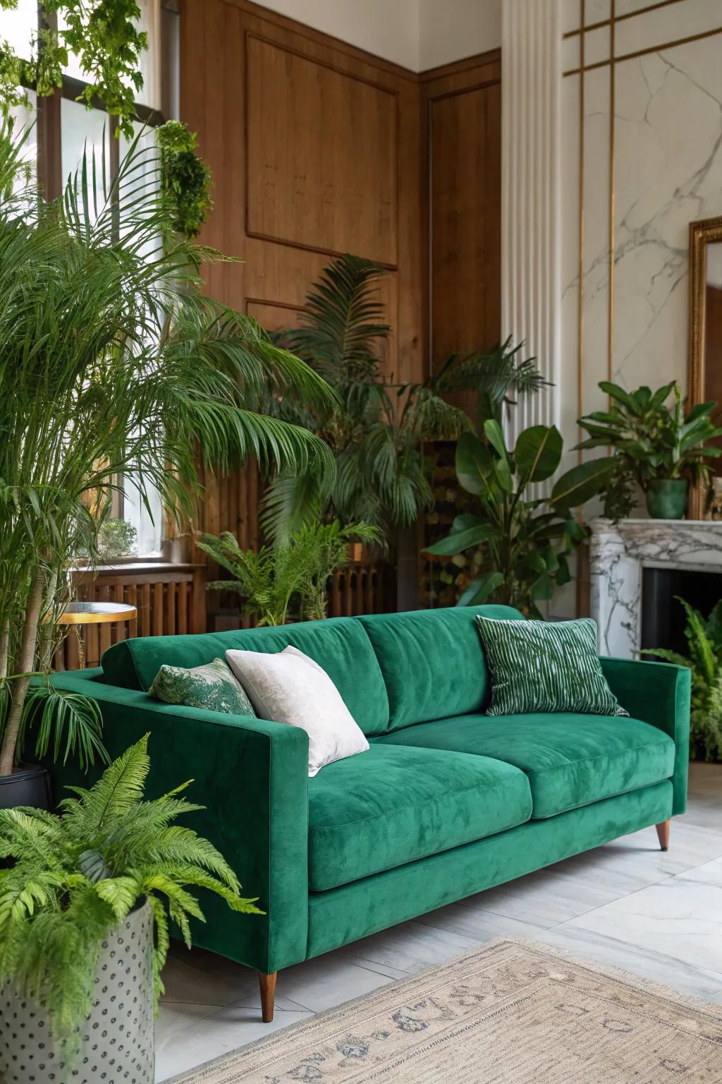 Indoor plants and an emerald sofa create a beautifully harmonious blend.