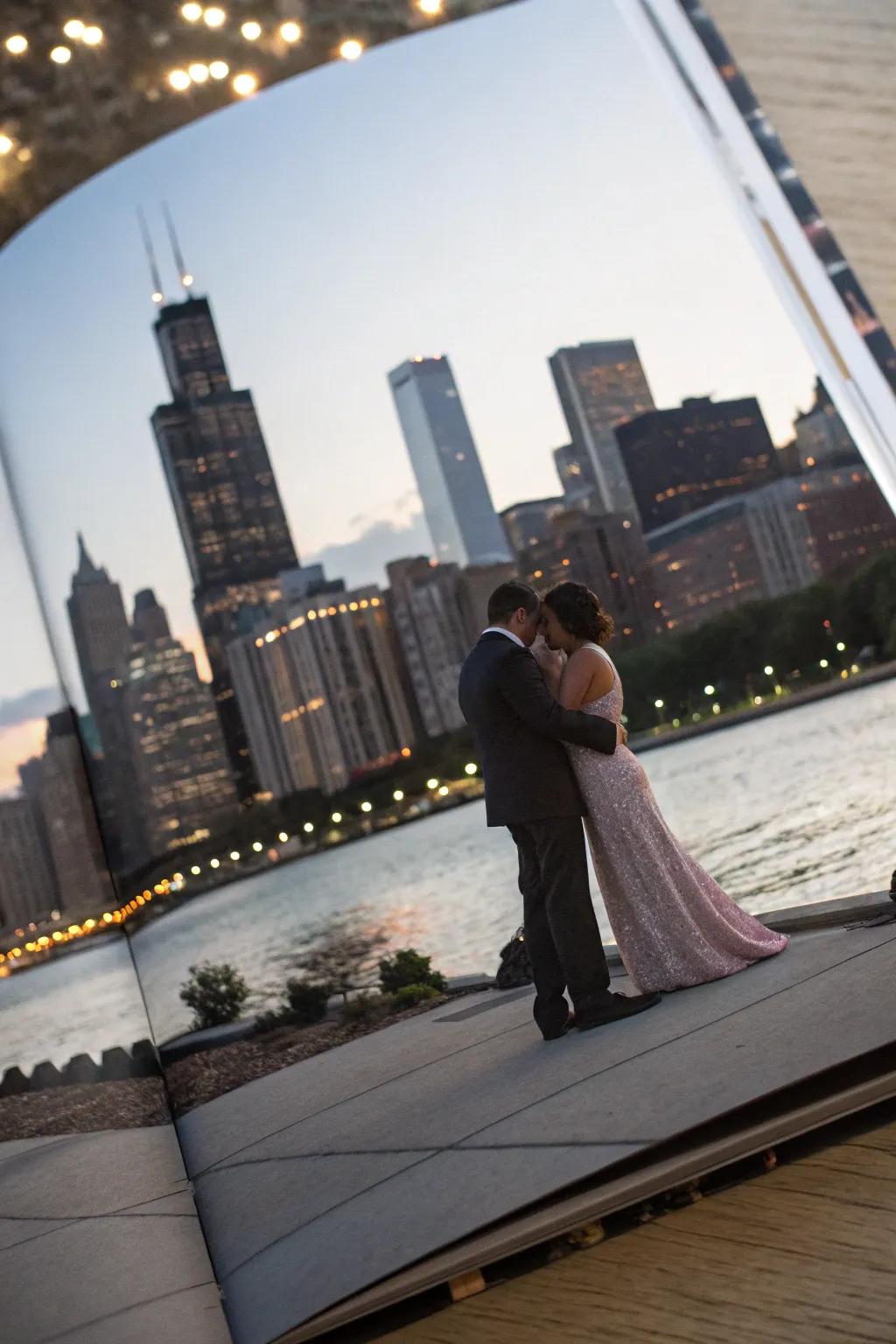 A sophisticated urban engagement captured with a city skyline.