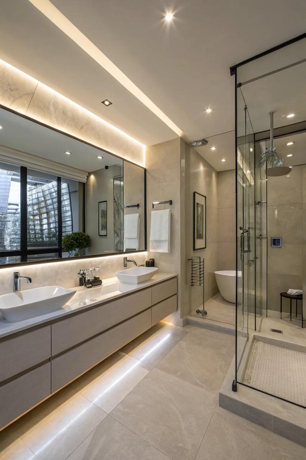 In a modern ensuite, the sophisticated hardware contributes to an immaculate and elegant appearance.