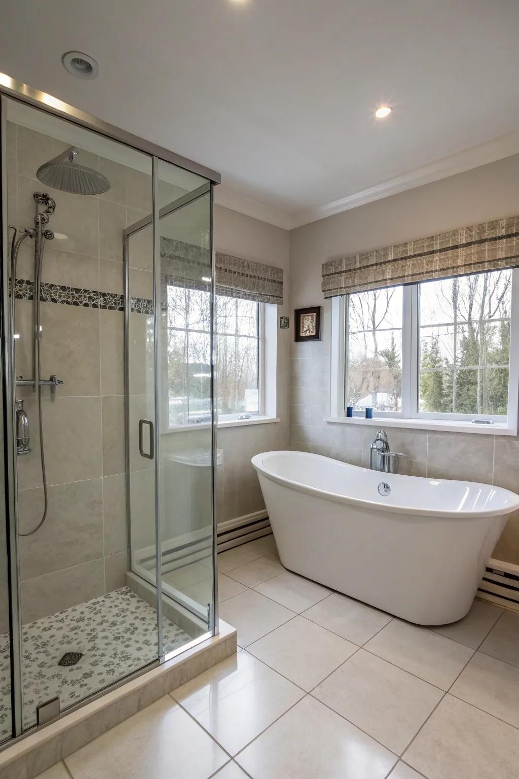 Separate shower and bathtub arrangements cultivate a spa-like setting.