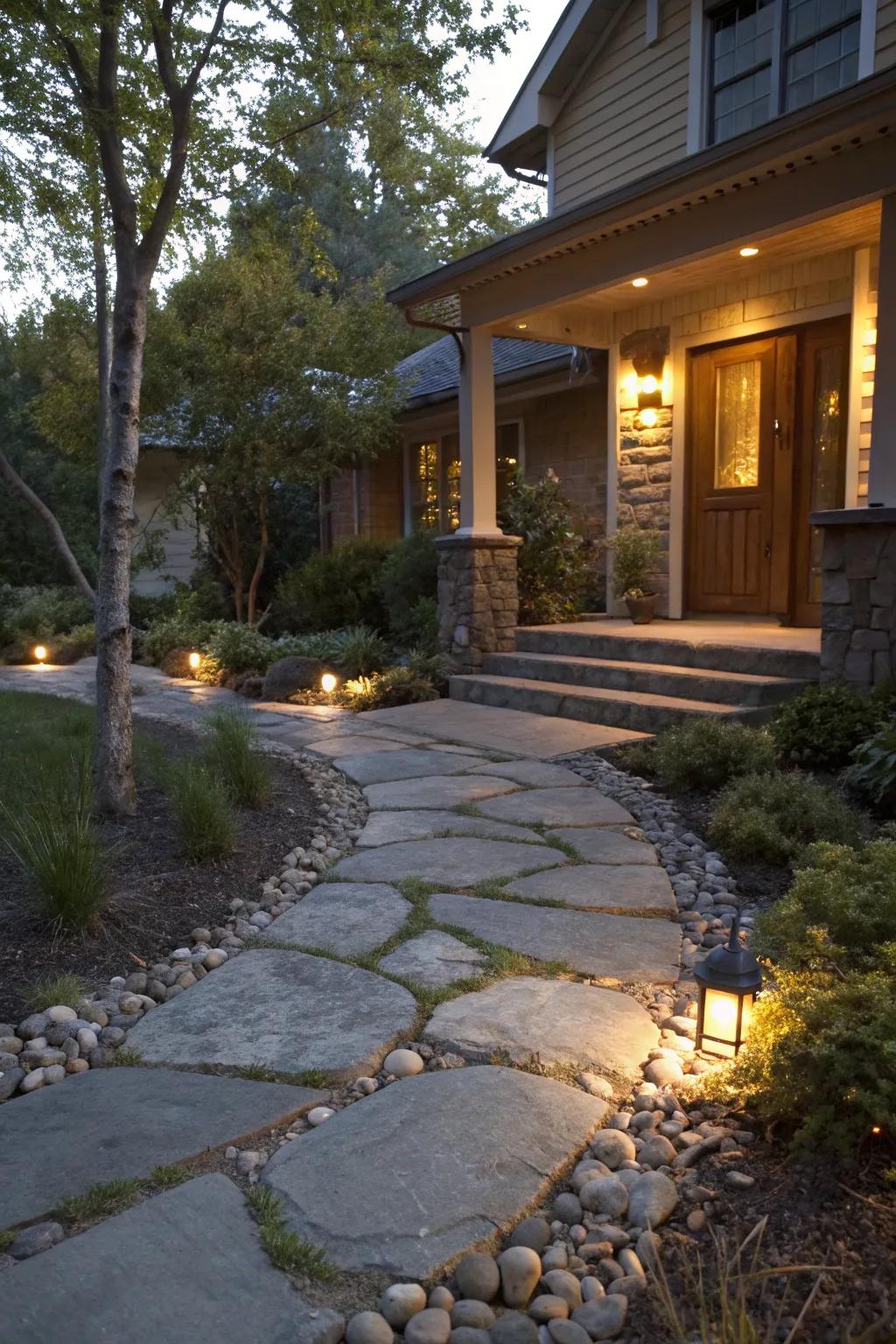 An appealing stone pathway, illuminated to guide you toward the front porch.