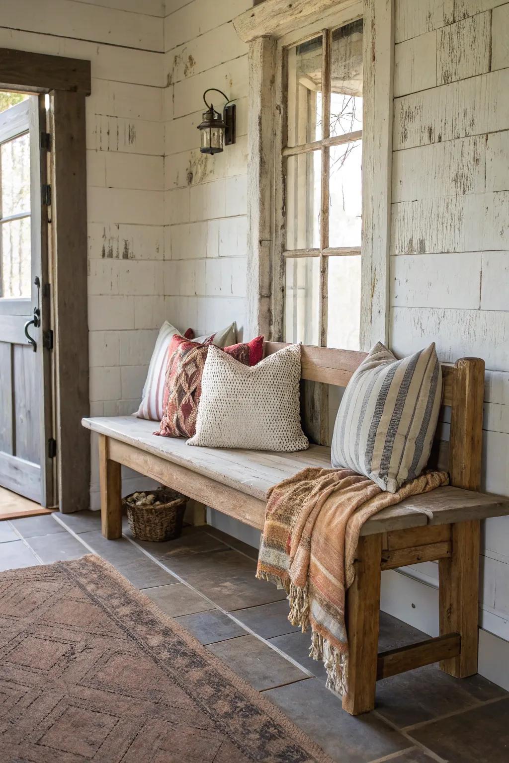 A countryside house-inspired seat enriches the welcoming nature of this entryway.