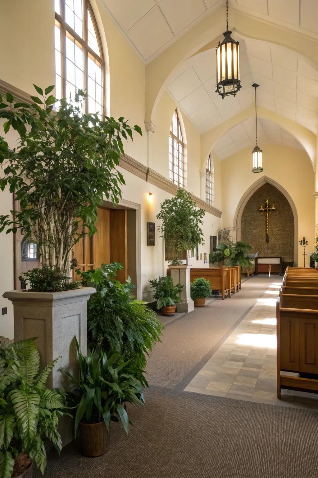 Lush plants add color and a sense of natural beauty to the church foyer.
