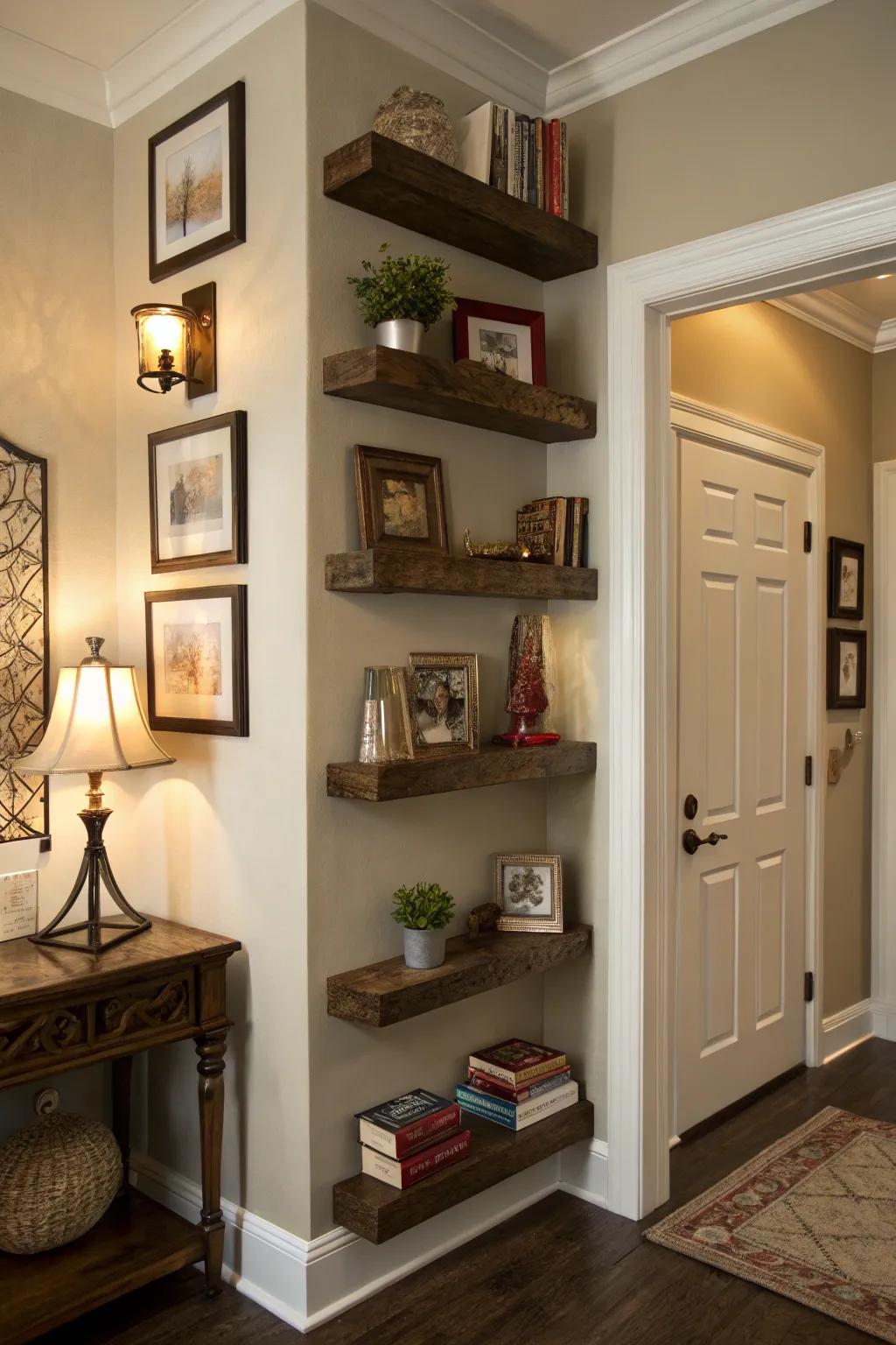 Wall-secured shelves heighten storage and style to any nook.