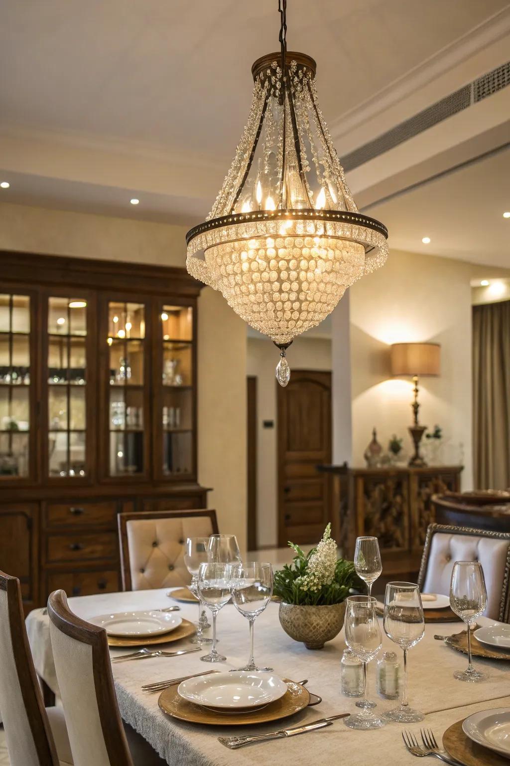 A chandelier transforms the dining area, adding a layer of sophistication and focus.