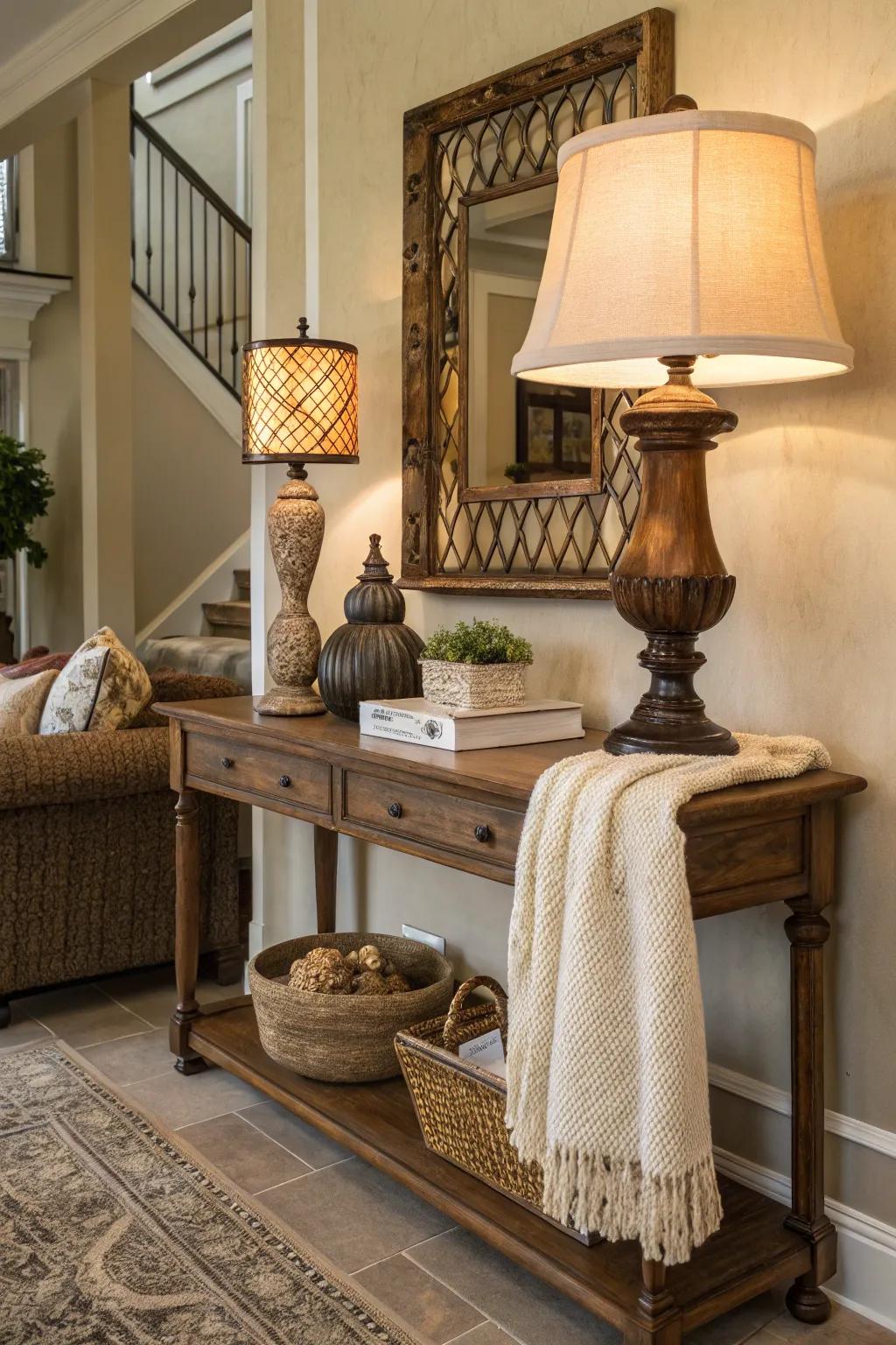 An ornamental table lamp adds a warm welcome to this striking entryway.