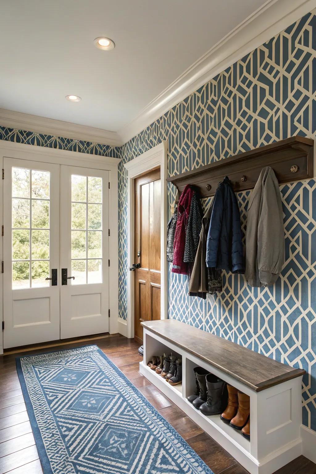 Patterns invigorate this mudroom, making it a stylish entryway feature.