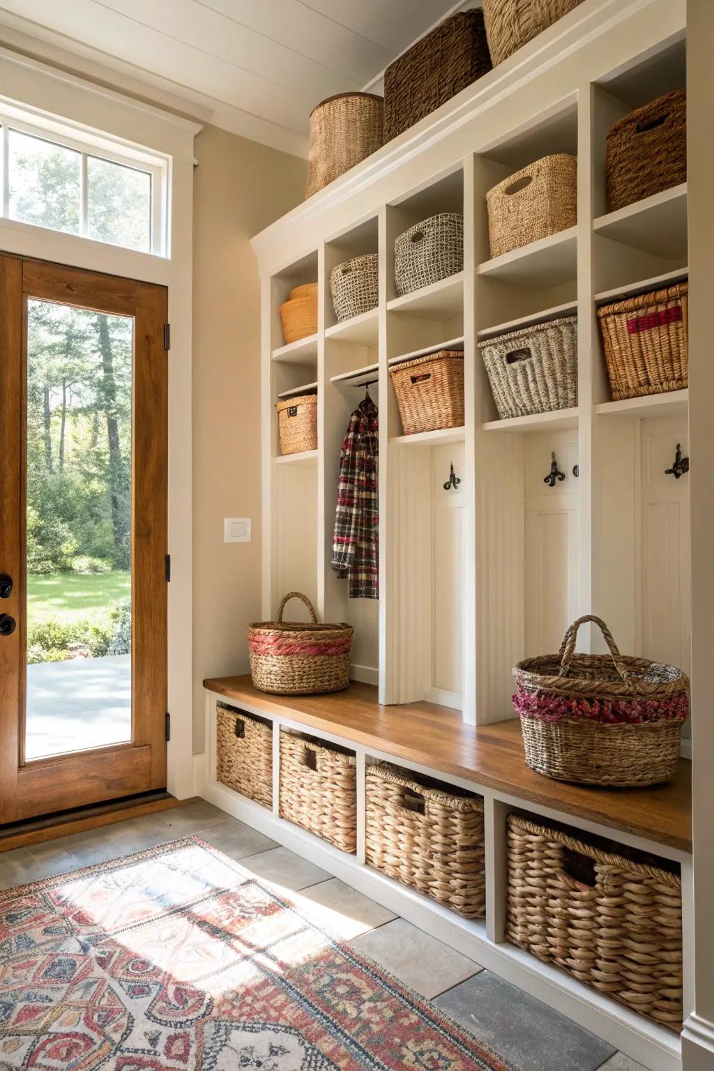 Compartments and shelves maintain a neat and fashionable entryway.